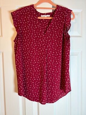 fun 2 fun Burgundy V-Neck Flutter Sleeve Dot Top